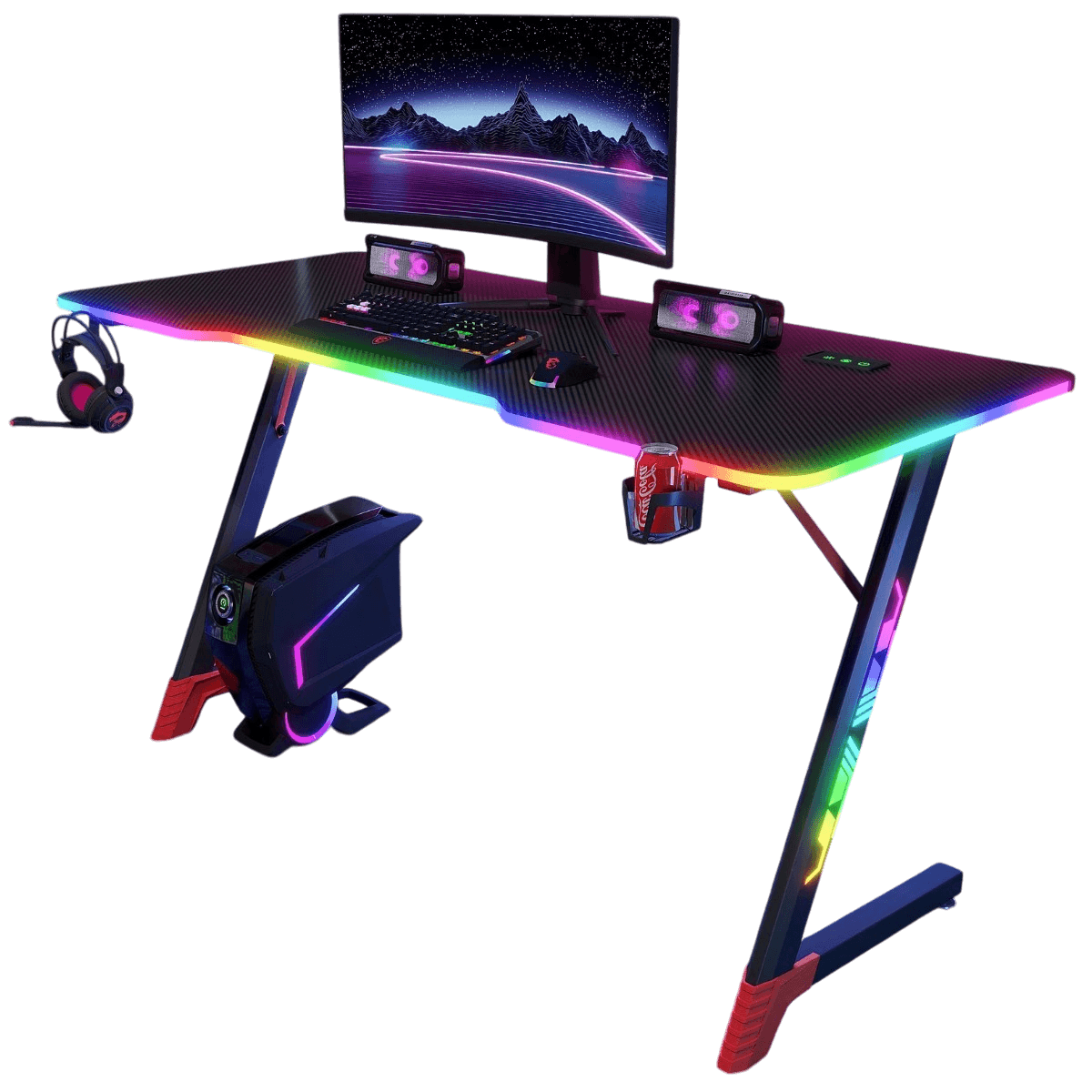 Birou Gaming RGB QOVA®, Iluminare LED integrat 3 laturi+picioare, Blat Carbon Premium,Suport 120KG, Dimensiune 100x60cm